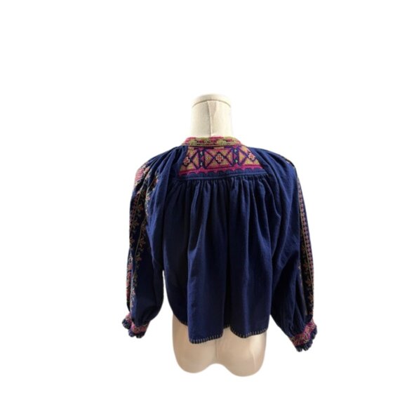 Free People Boho Embroidered Crop Top Navy Blue Peasant Blouse Medium - Picture 5 of 10